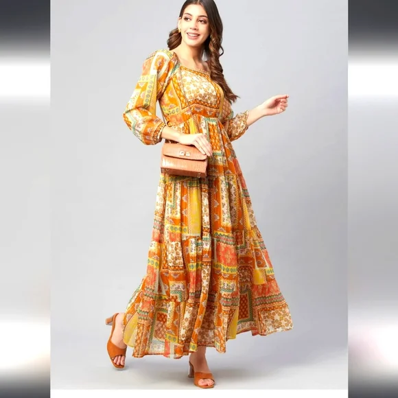 Cottinfab Women Mustard Yellow Ethnic Printed A-Line Maxi Dress - Picture 1 of 7